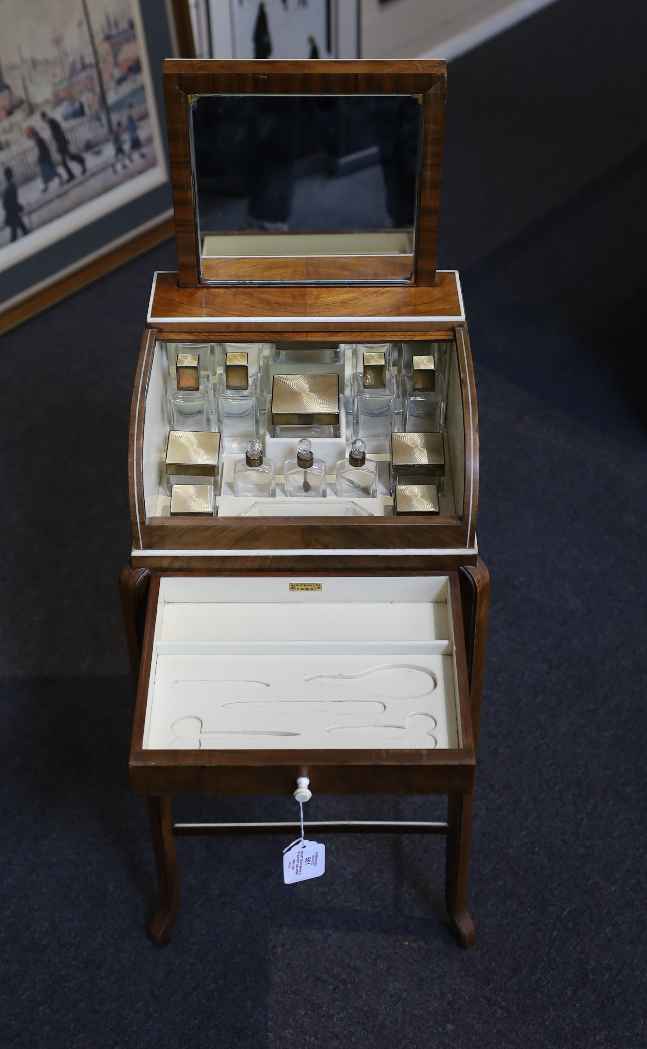 An Art Deco Maple & Co walnut and ivory beaded necessaire poudreuse table, c.1934